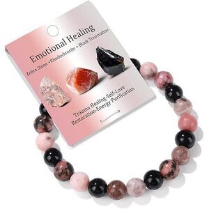 Healing Crystal Bracelet For Women Men 8Mm Beaded Black Tourmaline Zebra Stone